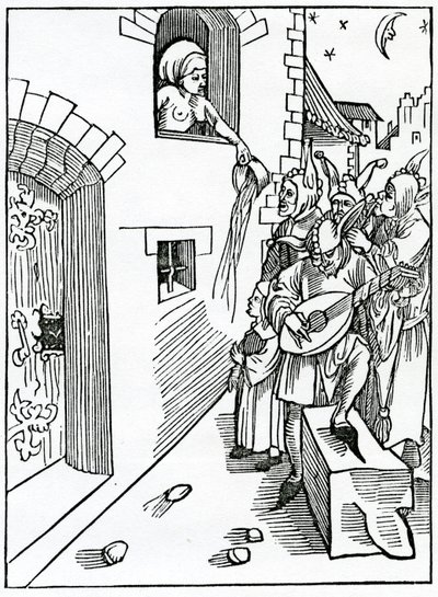 Of nyght watchers and beters of the stretes playnge by nyght on instrumentes and vsynge lyke folyes whan tyme is to rest, illustration from Alexander Barclay